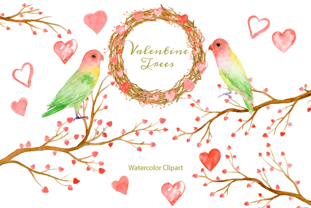 Watercolor Clipart Valentine Trees, tree branch with red hearts, love birds, love wreath, instant download, valentine clipart