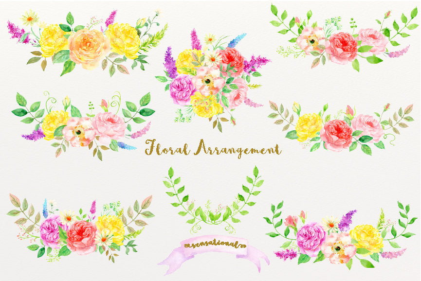 Watercolor rose floral arrangement, rose compositions, cottage rose bouquet, digital download 