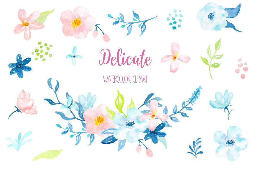 Watercolour clipart Delicate, pastel pink, peach daisy flowers, blue flower, turquoise flower, blue leaf instant download 