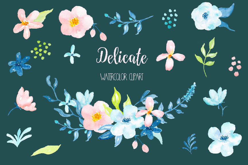 Watercolour clipart Delicate, pastel pink, peach daisy flowers, blue flower, turquoise flower, blue leaf instant download