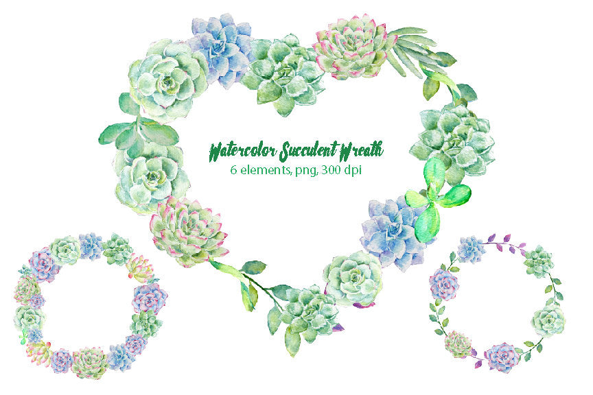 watercolor succulent plant wreath, green wreath, instant download 