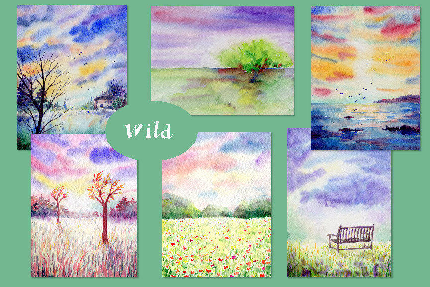 watercolor clipart, watercolor landscape background, meadow, park bench 
