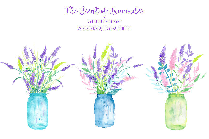 watercolor clipart, lavender scent, vase of lavender, lavender illustration 