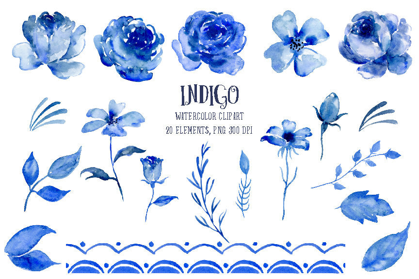 Watercolour clipart indigo, rose, daisy, floral elements, instant download, wedding invitations