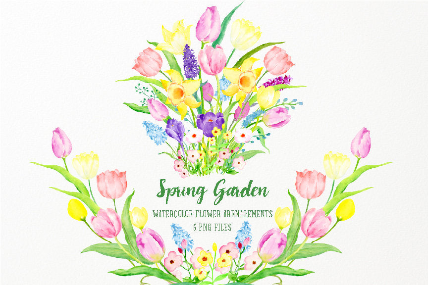 watercolour spring garden, pink and yellow tulip and daffodils, floral posy, 