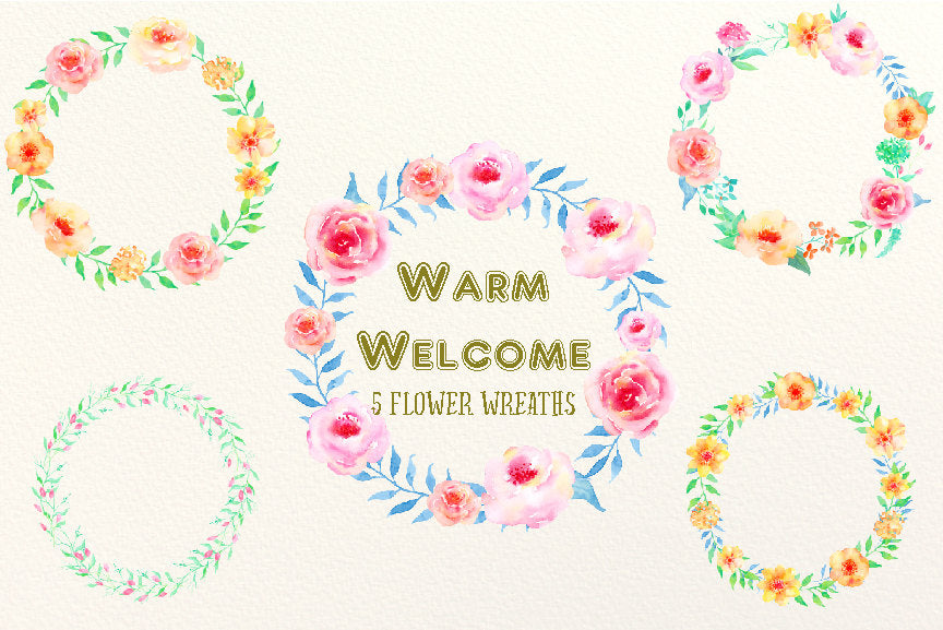 watercolour clipart pink and peach flowers, mint leaf, floral wreath, watercolour illustration 