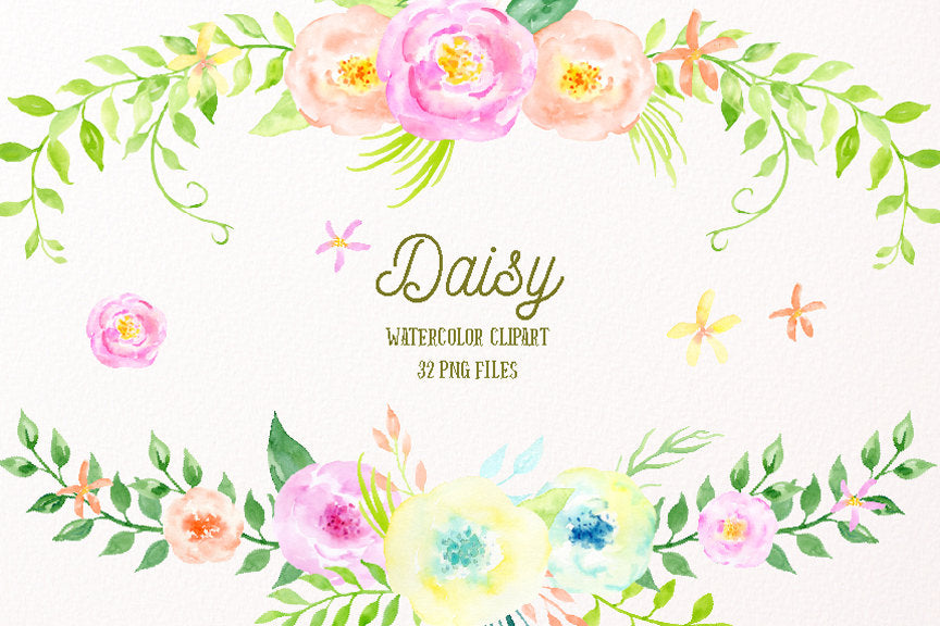 watercolor clipart daisy, pale yellow, pink and orange flowers, long leaf branch, instant download. 