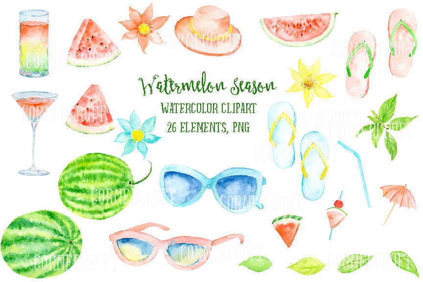 This is watermelon themed summery fashion clipart including watermelons, watermelon slices, sunglasses, flip flops, hat, cocktail and glass of watermelon juice and decorative flowers and leaves for instant download. They are perfect for wedding invitations, party invitations, greeting cards, web and blog elements, labels and other art projects.