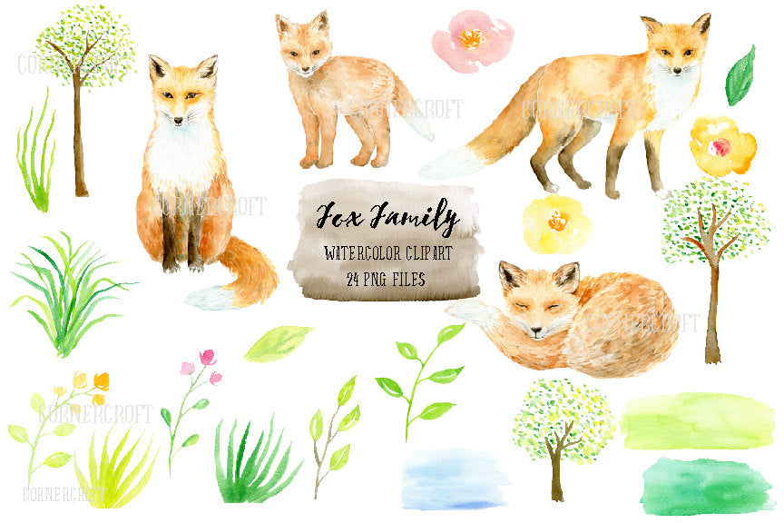 Watercolour fox illustration, realistic fox graphics, corner croft design 