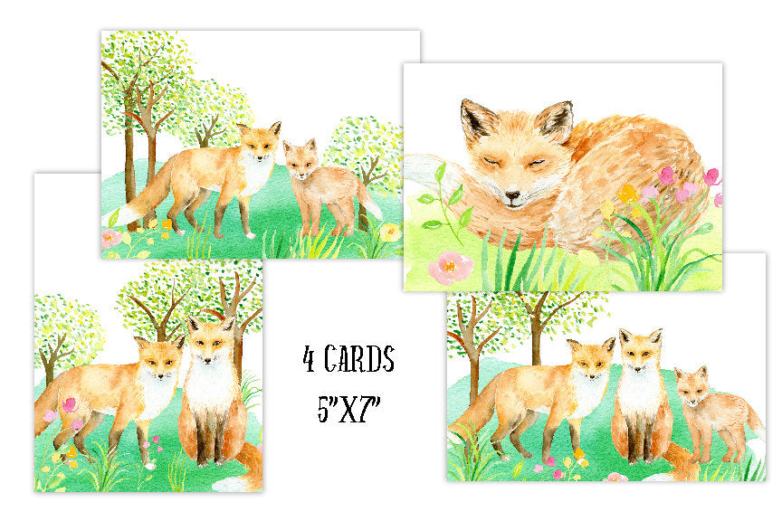 fox greeting cards, watercolour fox illustration, Corner croft greeting cards, 