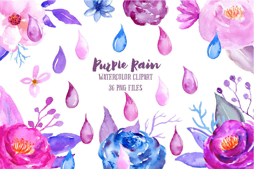watercolor flower clipart purple rain, rain drop, blue flower, purple flower, peony, instant download 