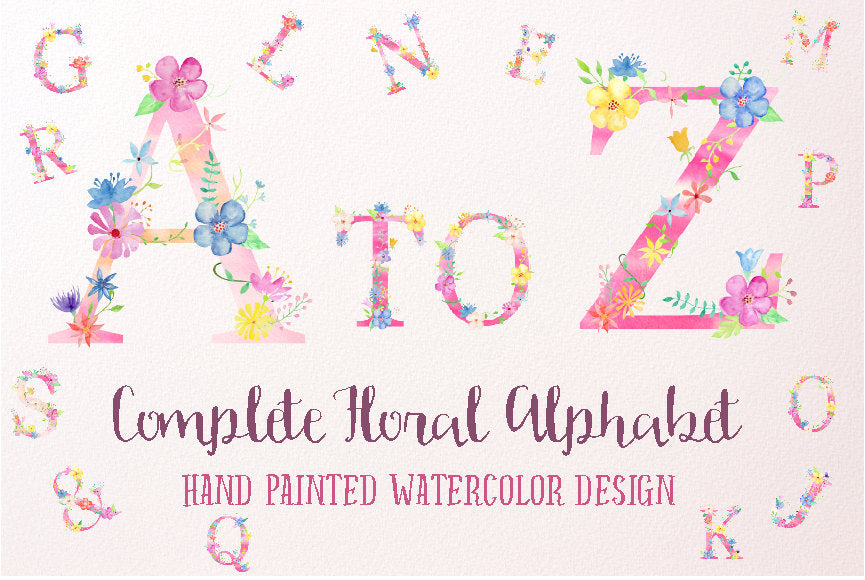 Watercolor Floral Alphabets Pink for instant download, Pink Floral Letters