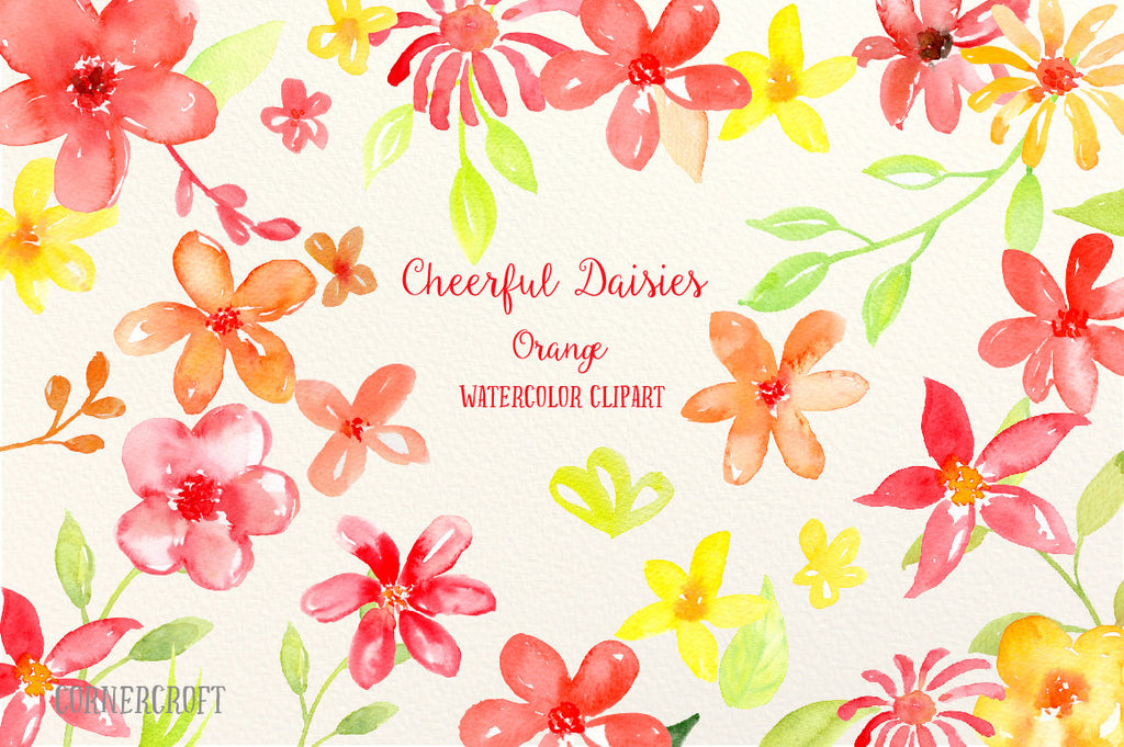 A collection of yellow, orange and red daisy flowers and decorative elements for instant download