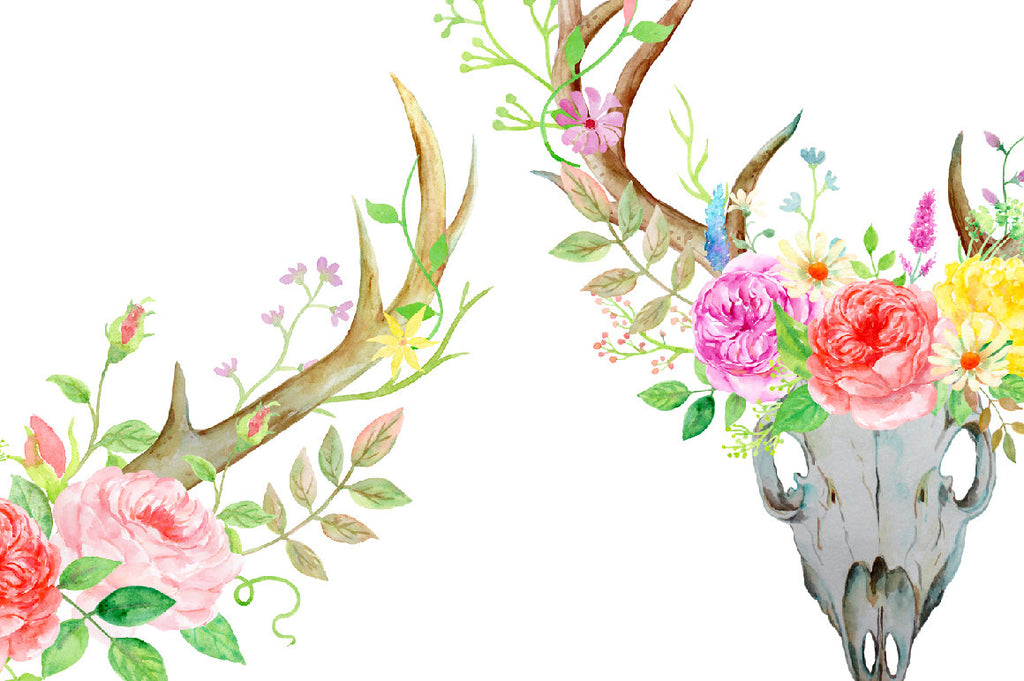 watercolor deer antler and skull floral arrangements, wild and free rose decoration 