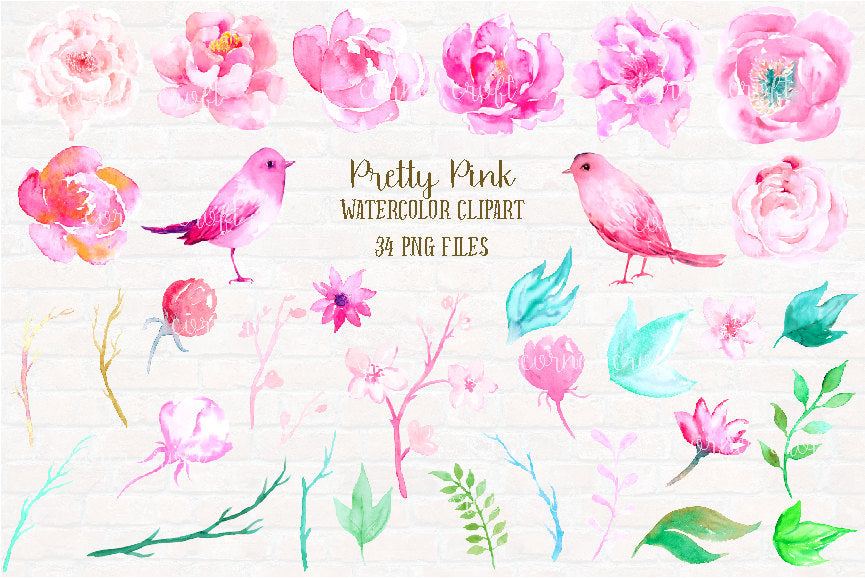 watercolour peony illustration, pink birds, instant download 