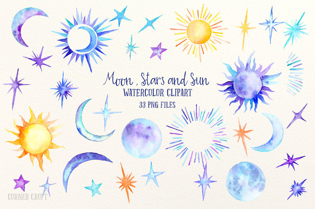 watercolor clipart sun, moon and stars