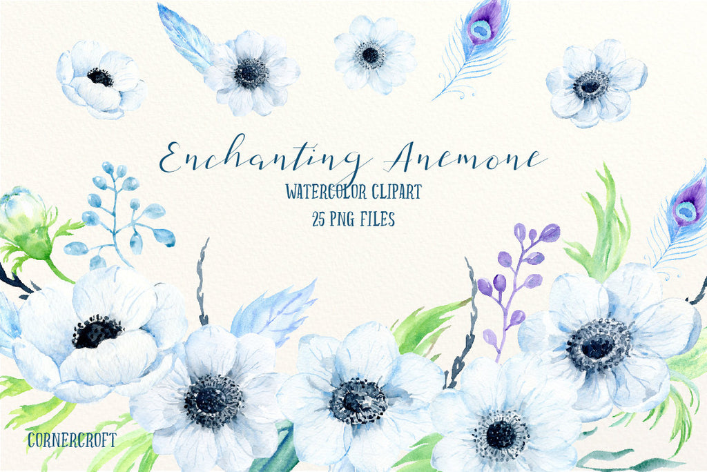 Watercolor Clipart Enchanting Anemone, white and blue anemones, feathers and decorative elements for instant download