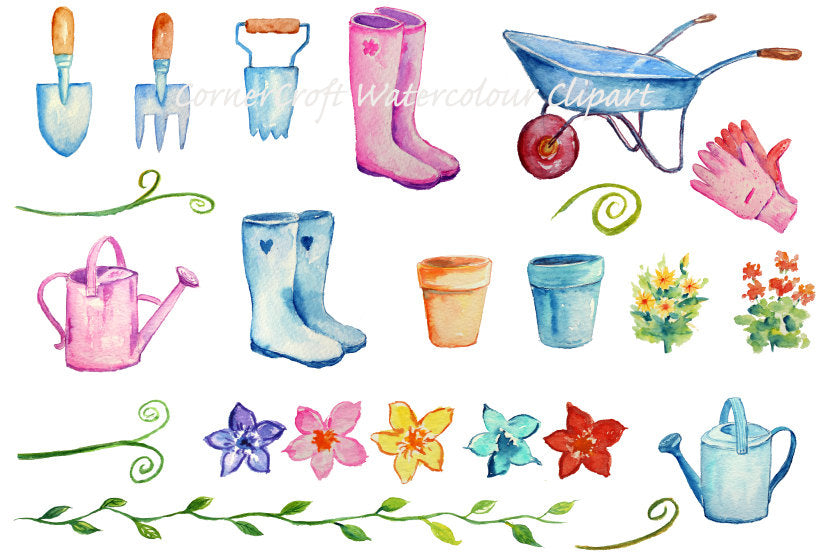 watercolor gardening clipart, wellies, watering can, wheel barrow, flower pots 