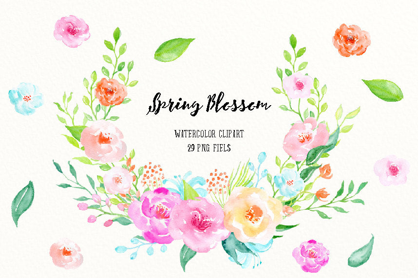 watercolor clipart spring blossoms, delicate pink, yellow and purple flowers 