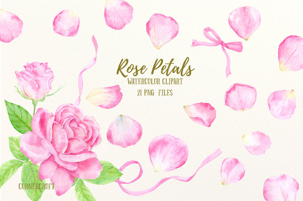 Hand painted watercolor pink rose petals including rose petals, rose flower, rose bud, pink ribbons and leaves for instant download.