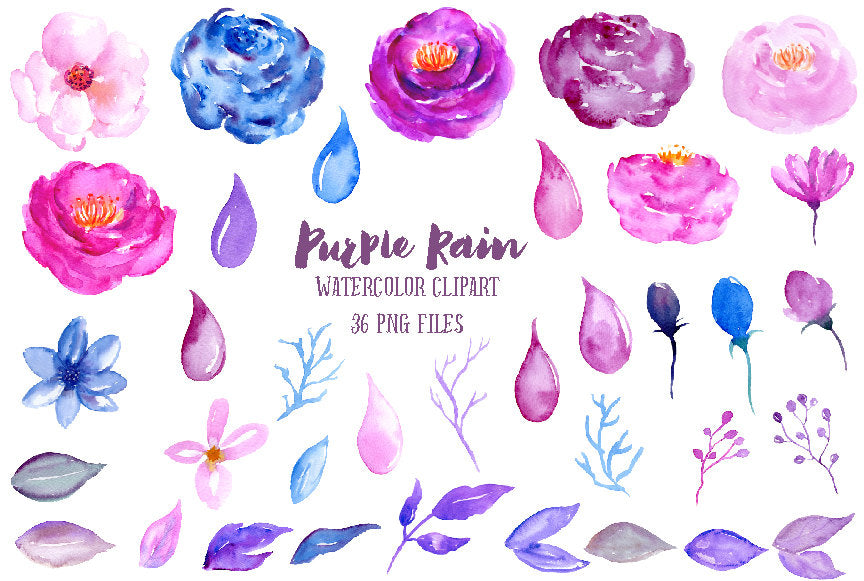 pink, blue, purple, floral elements, watercolour clip art, watercolor illustration 