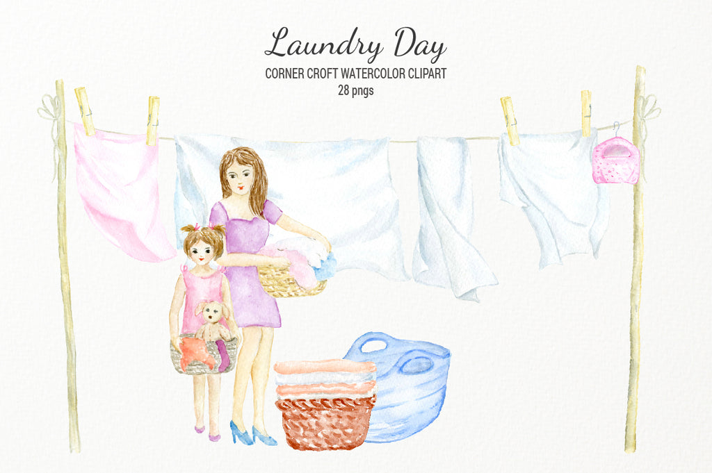 washing line of sheets and towels, watercolor illustration of laundry