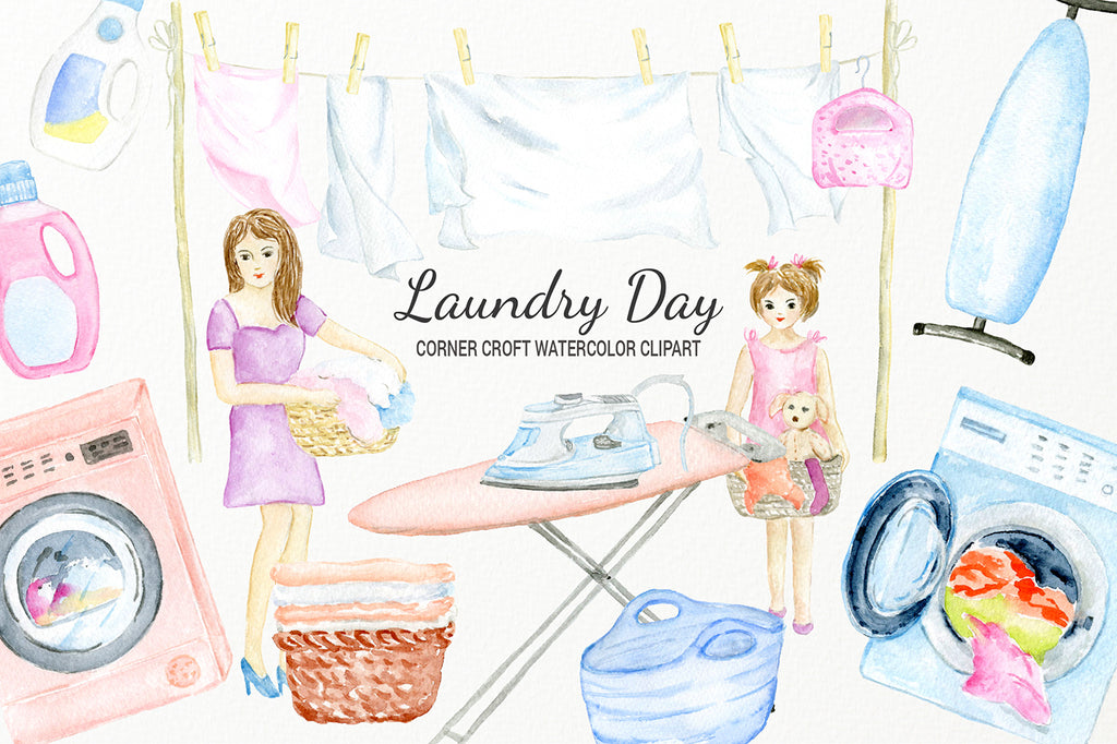watercolor laundry clipart, mother and daughter laundry day, instant download 
