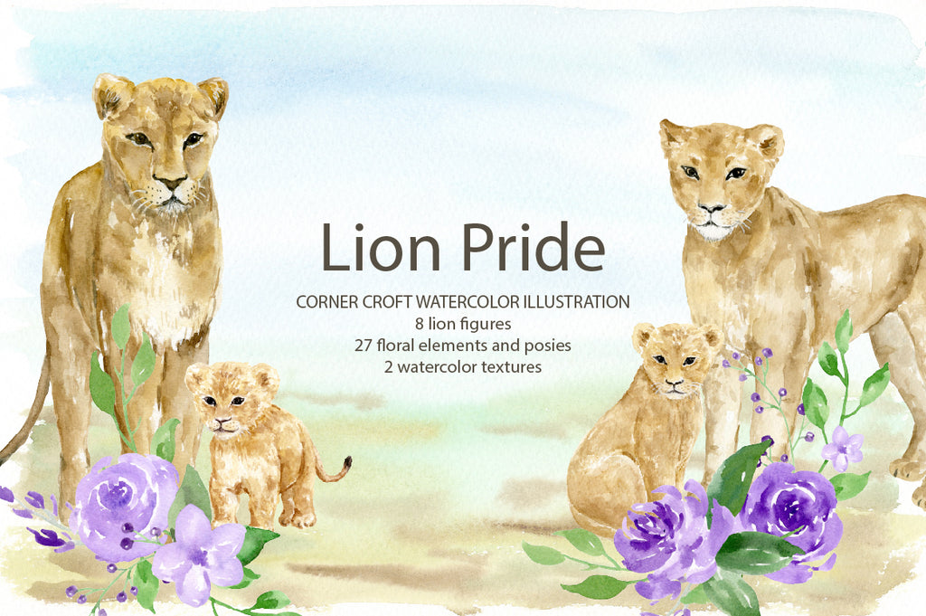 watercolor lion pride illustration, lion family clipcat, for making personalised print.