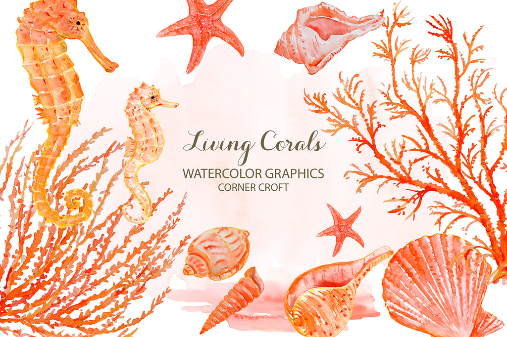 watercolor living coral, seahorse, corals and seashells, orange and pink scheme
