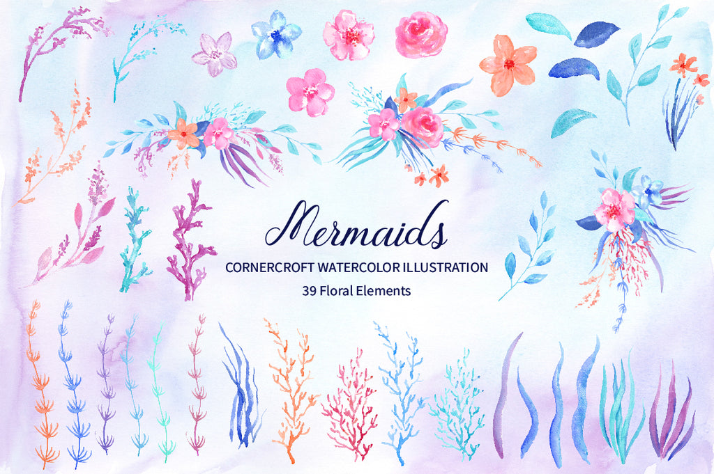 flower collection, watercolor flower illustration, part of mermaid clipart