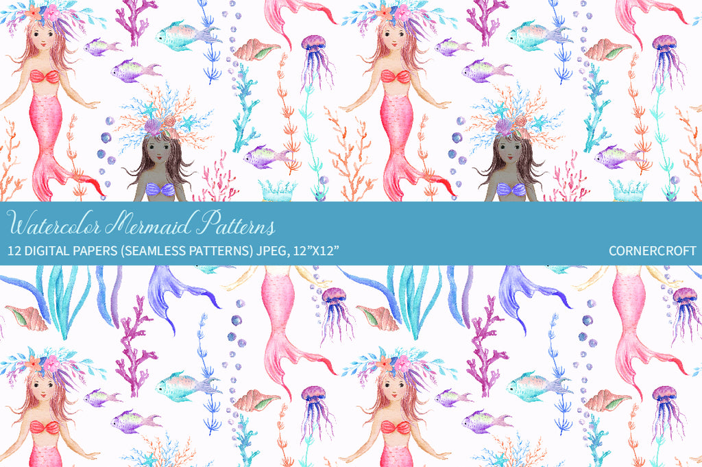 watercolor meraid princess pattern, seamless pattern