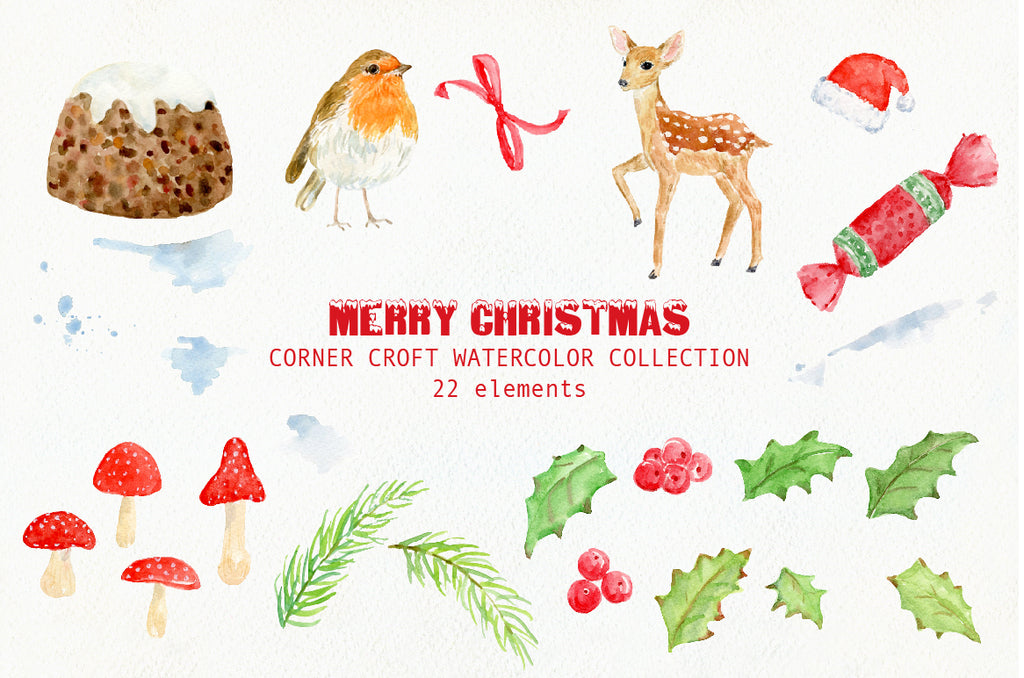 watercolour christmas elements, christmas cracker, holly leaves, robin deer