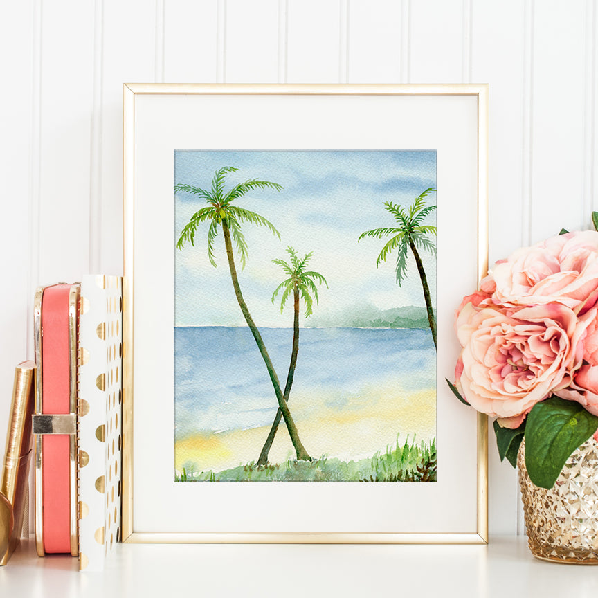 watercolor beach painting, palm trees and sandy beach, instant download 