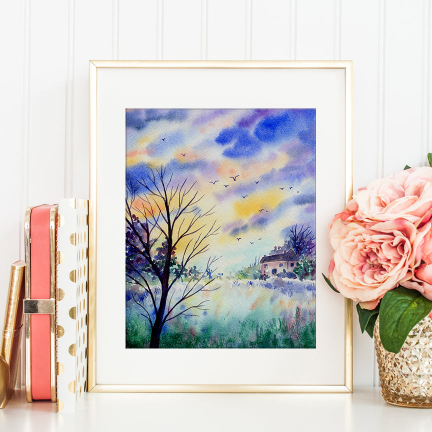 watercolor landscape painting, distant cottage and flying birds, night view, instant download 