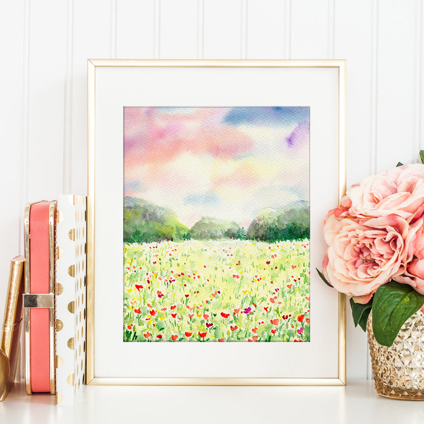 watercolor floral meadow, poppy meadow, instand download 