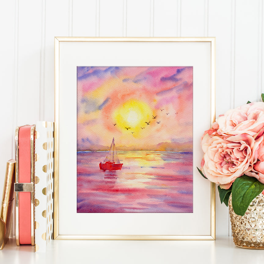 watercolor painting of sunset at sea with distant birds and red sailing boat, instant download 