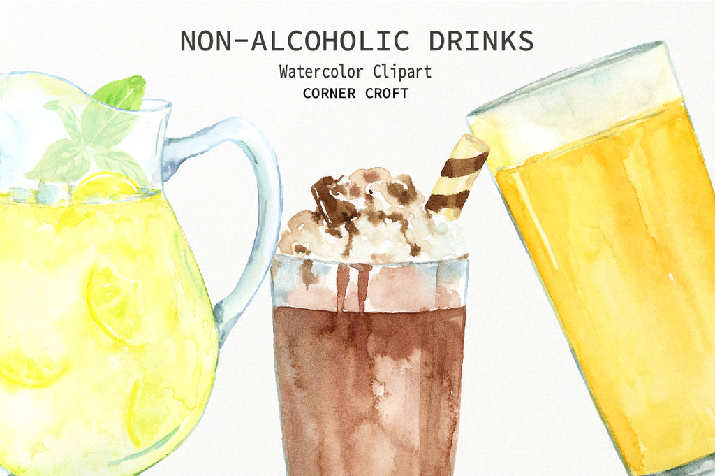 detailed illustration of watercolor drink clipart, instant download, water, milk, juice, lemonade, 