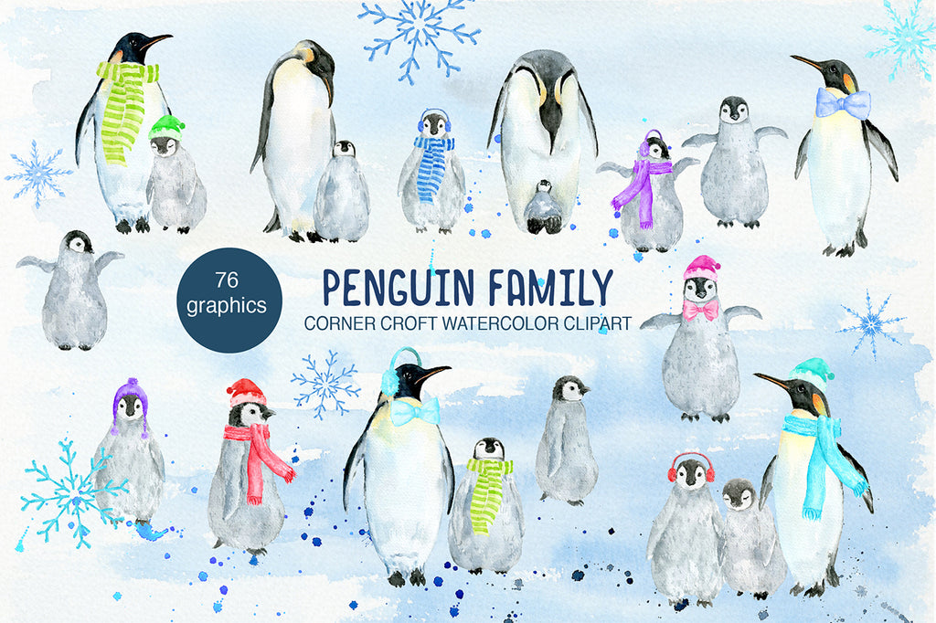 penguin clipart, instant download, watercolor penguin family illustration, 