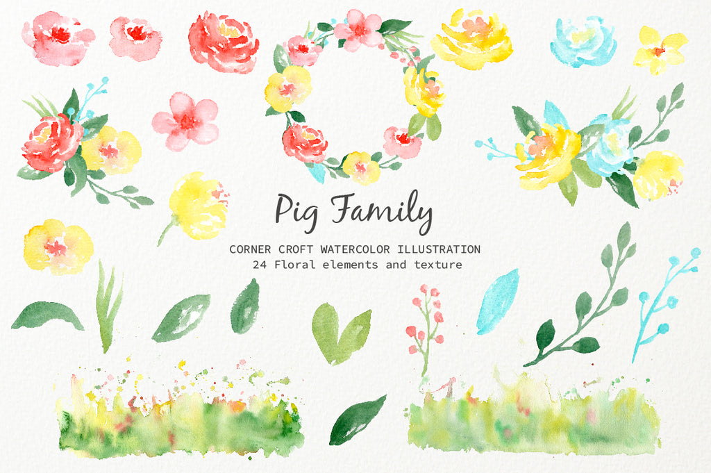 watercolour pig clipart, pink and yellow flower decoration