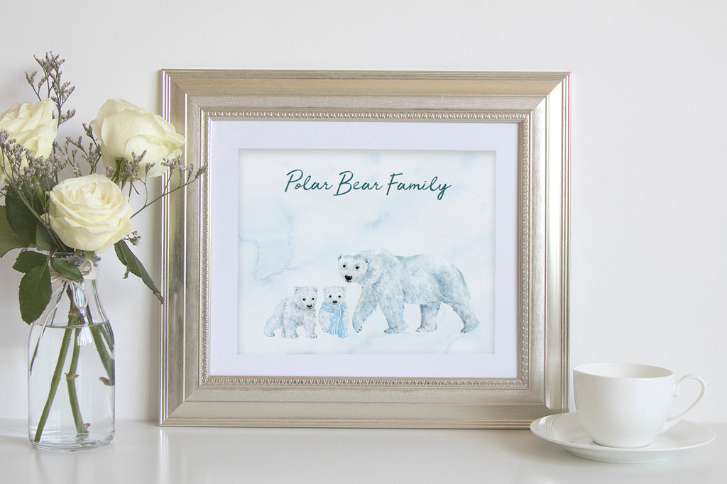 create personalised print with watercolor polar bear family clipart, instant download 