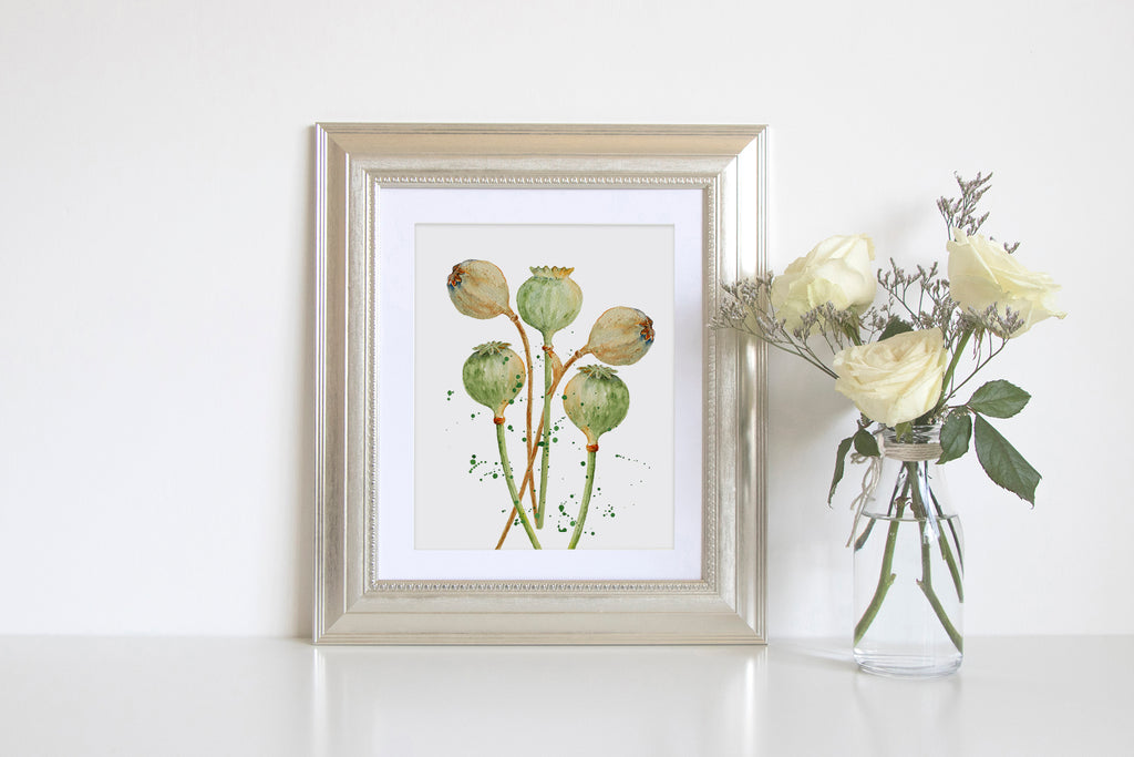 watercolor print, digital download, corner croft art print, dry seed pods, poppy