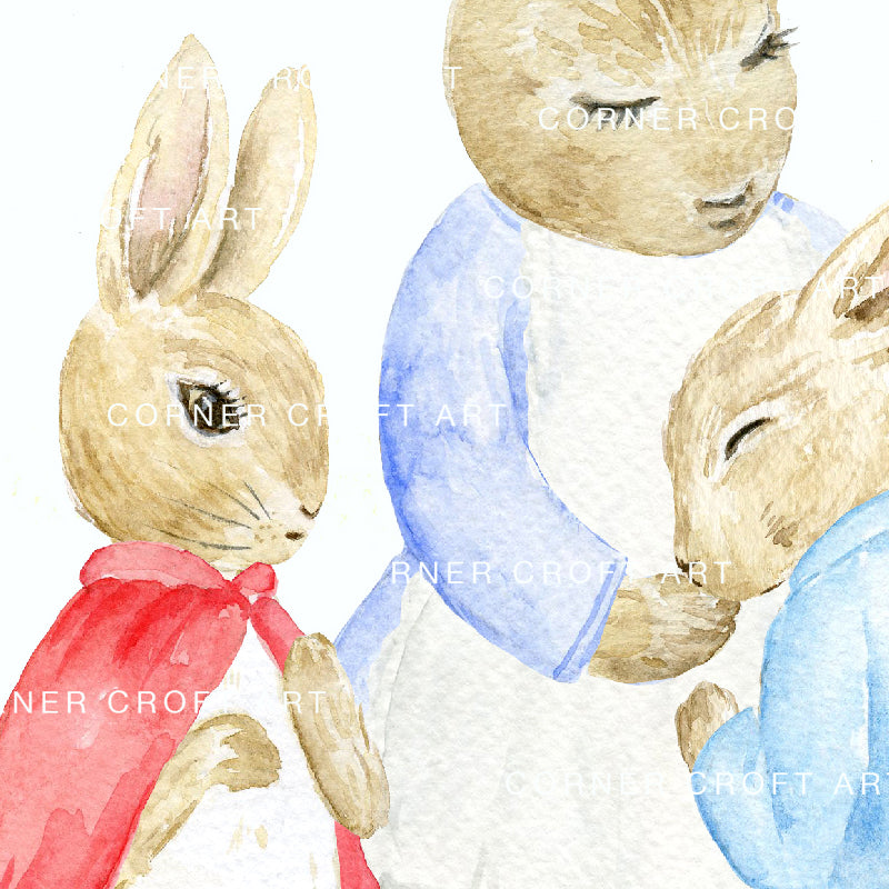 Watercolor Digital Paper Cumbria Rabbit, Mum and Sisters inspired by "The Tale of Peter Rabbit"