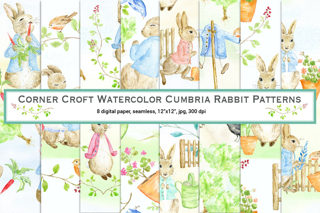 Watercolor rabbit seamless pattern inspired by Beatrix Potter's "The Tale of Peter Rabbit"