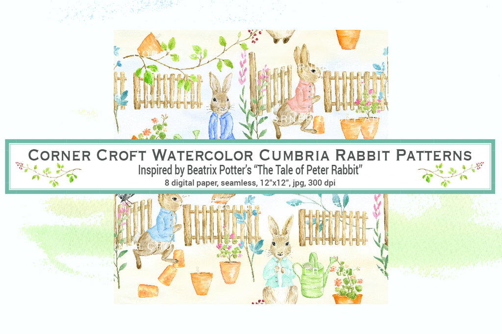 watercolor seamless pattern, rabbit in blue jacket, instant download 