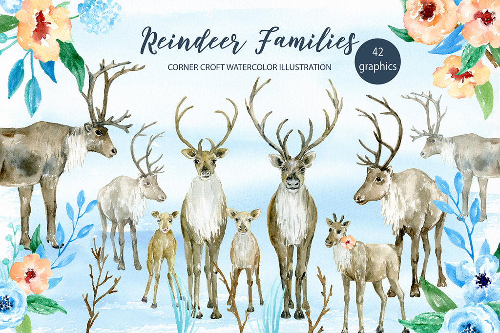 watercolor reindeer family clipart, reindeer illustration, personalised print creator