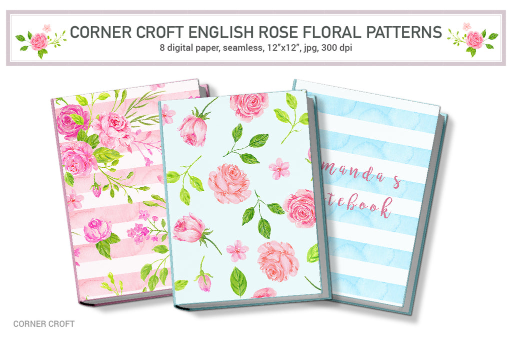 watercolour English rose repeat pattern can be downloaded to your computer instantly