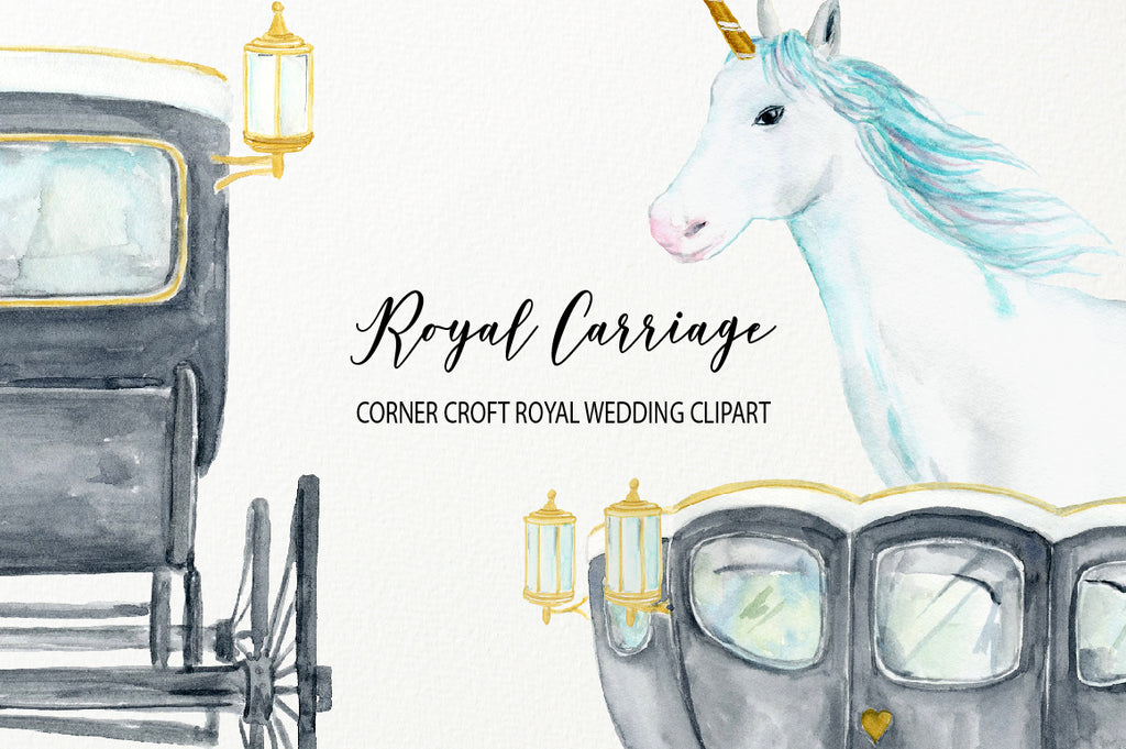 watecolor princess carriage, unicorn carriage, royal carriage, black carriage, white unicorn illustration 