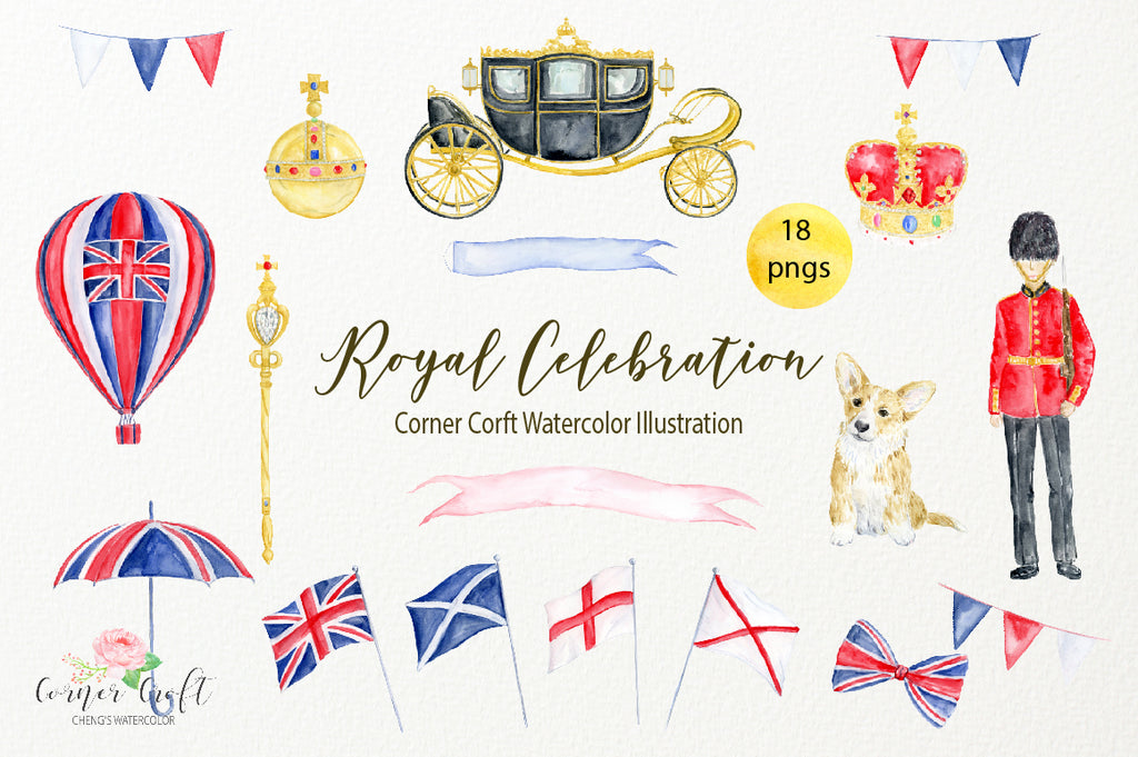 watercolor royal celebration illustration, royal guard, Union Jack flag, Scottish flag, England flag, Union Jack flag, instant download 