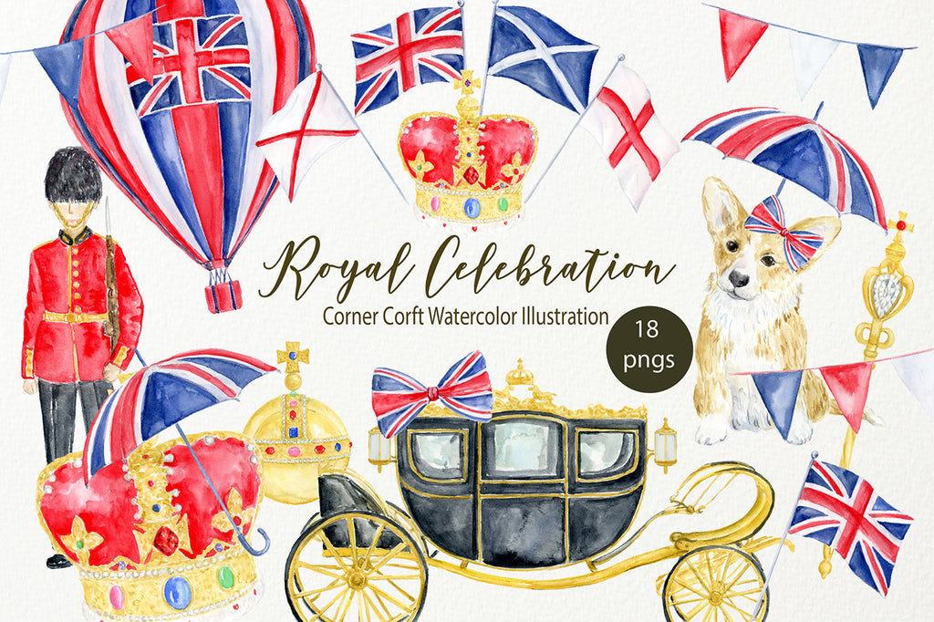 watercolor royal carriage in black and gold, red and gold royal crown, orb and sceptre, detailed illustration 