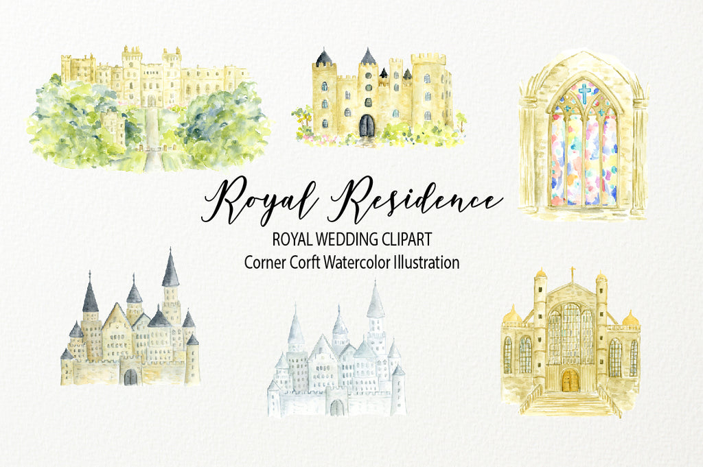 watercolor royal residence illustration, Windsor Castle, St. George's Chapel, royal wedding venue